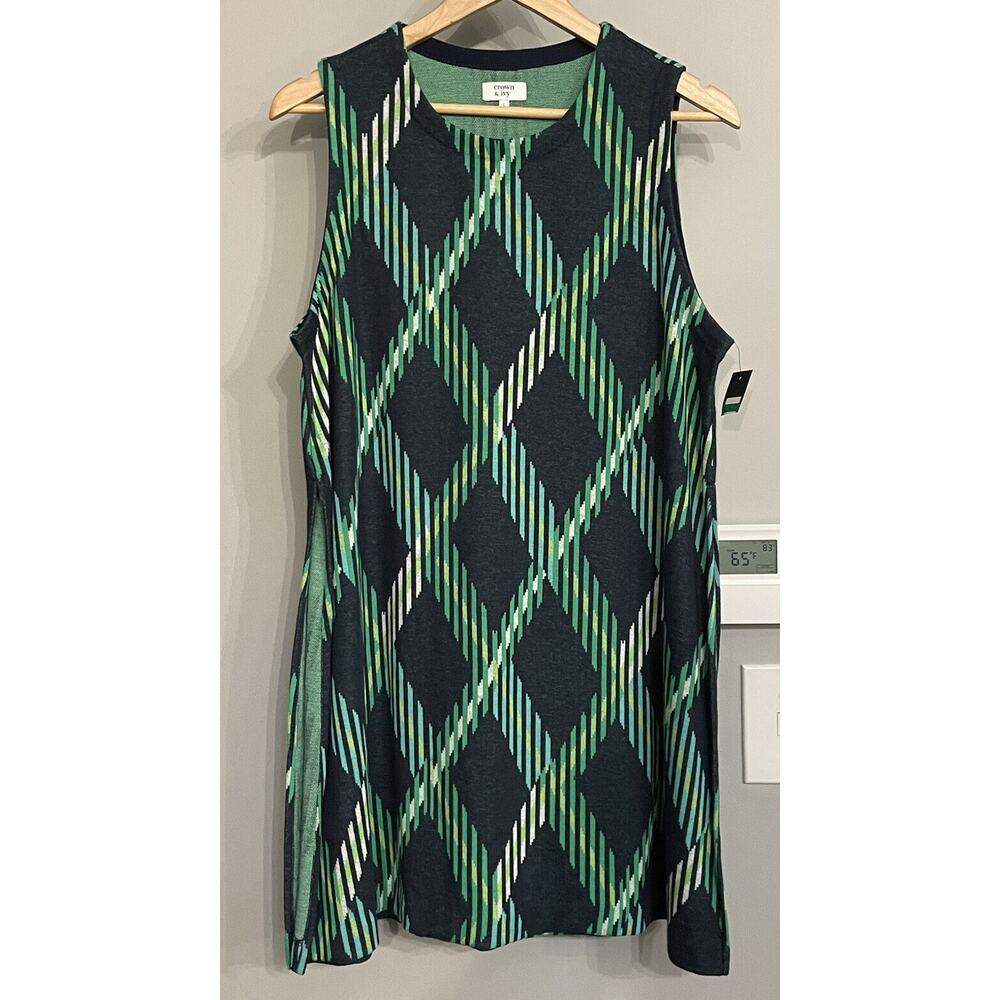Crown & Ivy Top Sleeveless Argyle Diamond Side Slit Tunic Womens L